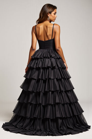Black A Line Spaghetti Straps Pleated Satin Prom Dress
